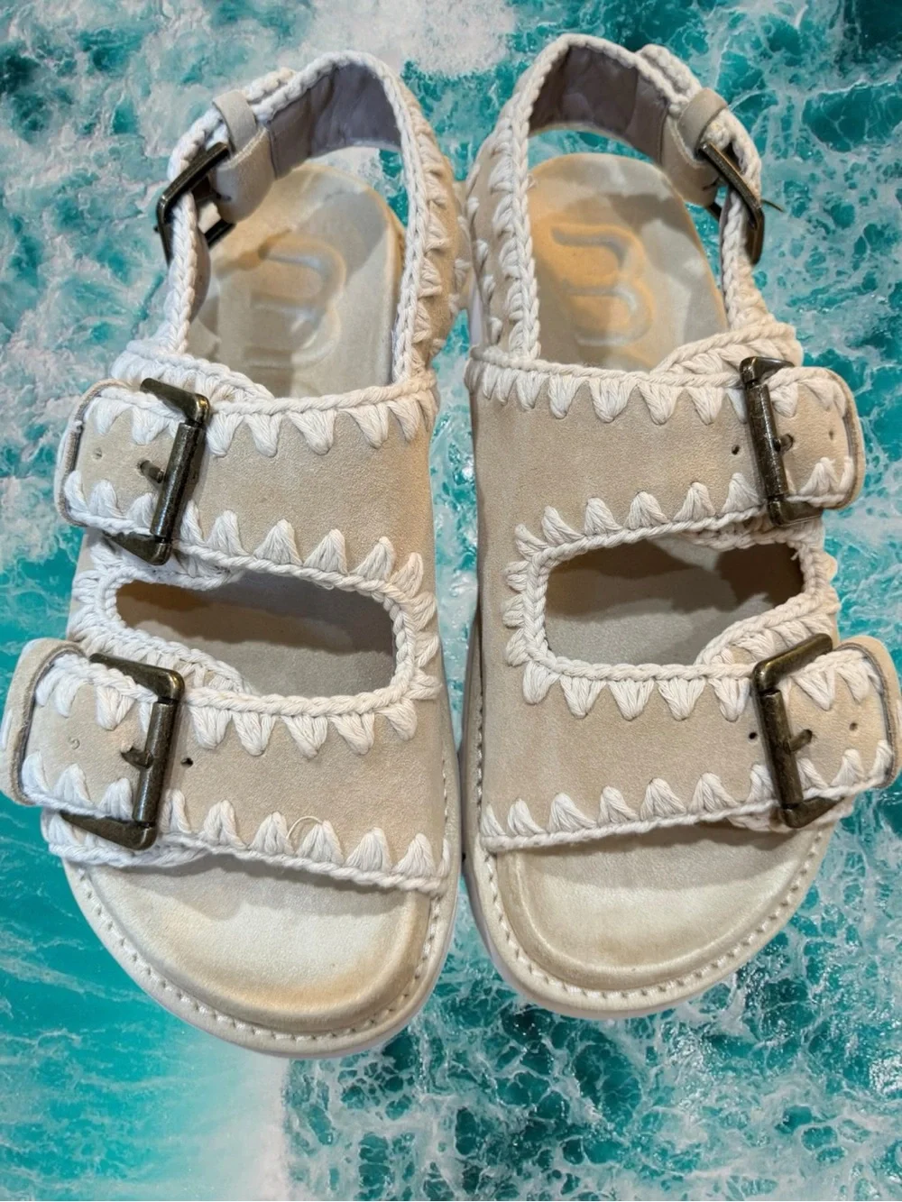 NIB MOU Bio Crochet Suede Buckle Sandals Platform Footbed Slingback Size 39